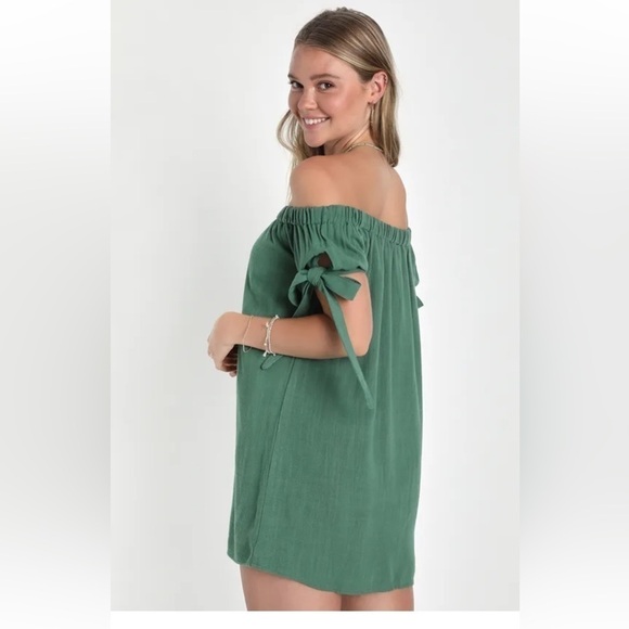 Lulus Olive Green Al Fresco Evenings Olive Green Off-the-Shoulder Dress Large - Picture 12 of 13